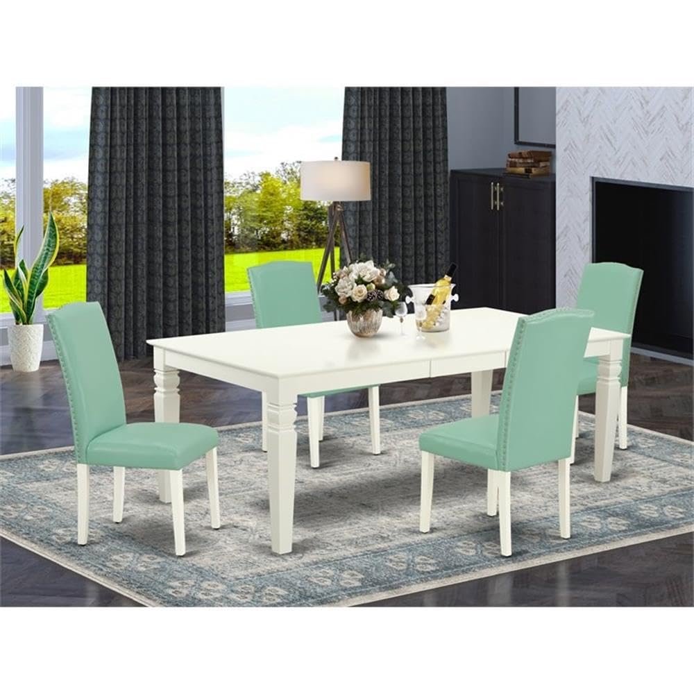 East West Furniture Lgen5-Lwh-57 5 Piece Dining Room Table Set Includes A Rectangle Kitchen Table With Butterfly Leaf And 4 Pond Faux Leather Parson Dining Chairs, 42X84 Inch, Linen White